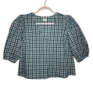 Melrose Market Gingham Puff Sleeve V Neck Top Green Navy White‎ Women's XS